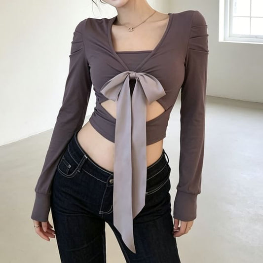 V-Neck Long Sleeve Cutout Tie Front Crop Top