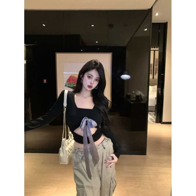 V-Neck Long Sleeve Cutout Tie Front Crop Top