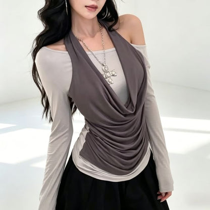 Mock Two-Piece Halter Cowl Neck Off-Shoulder Tee