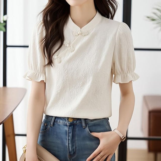 Stand Collar Frog Button Short Sleeve Top