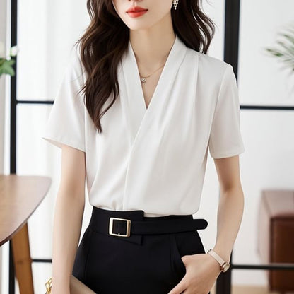 V-Neck Short Sleeve Essential Blouse