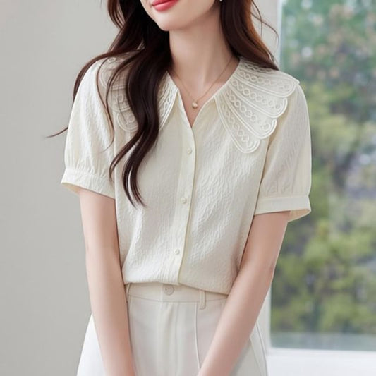 Collared Button-Up Short Sleeve Blouse
