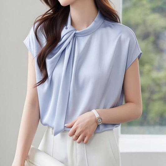 Tie Neck Cap Sleeve Simple Blouse