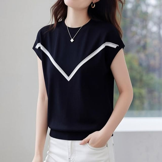 Two Tone Crewneck Short Sleeve Knit Top