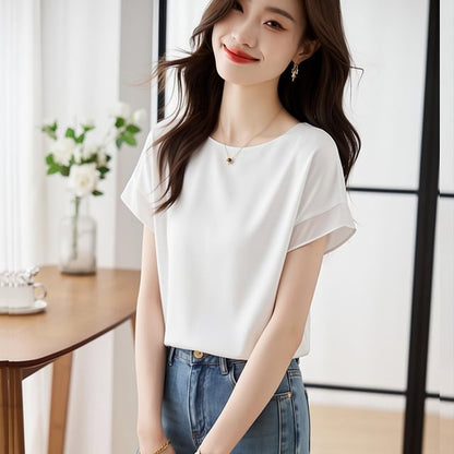 Chiffon Crewneck Short Sleeve Blouse