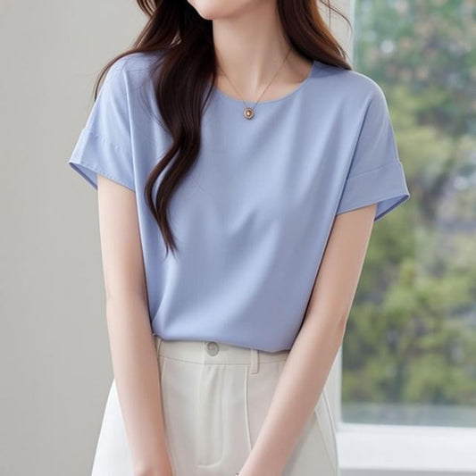 Chiffon Crewneck Short Sleeve Blouse