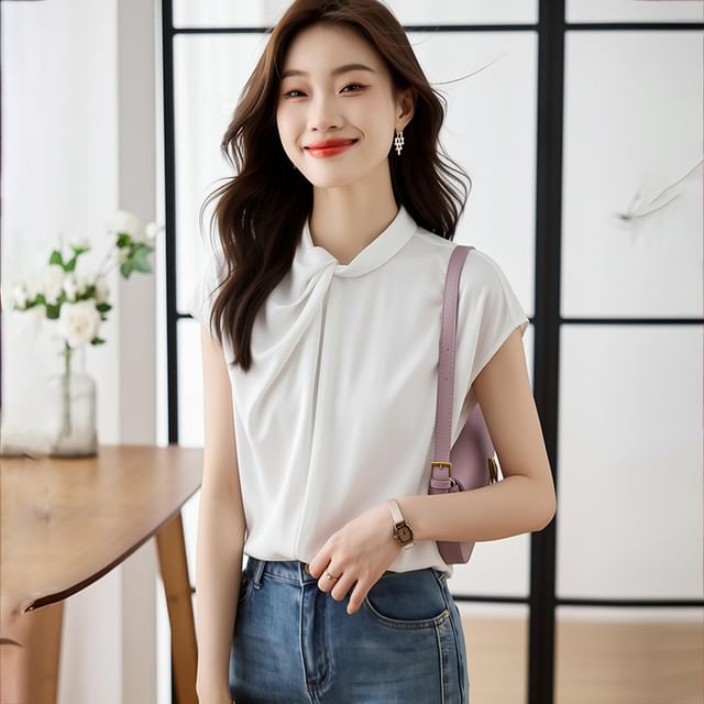 Tie Neck Cap Sleeve Simple Blouse