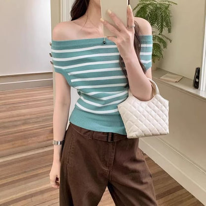 Striped Off Shoulder Short Sleeve Knit Top