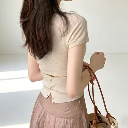 Button Back Short Sleeve Crop Knit Top