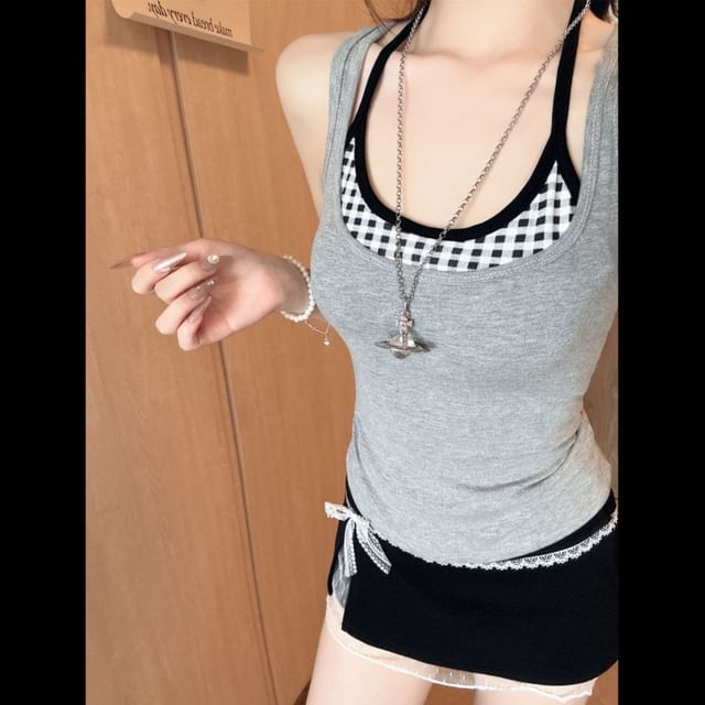 Plaid Camisole & Scoop Neck Tank Set