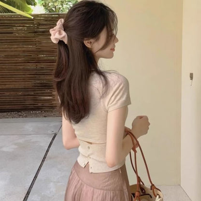 Button Back Short Sleeve Crop Knit Top