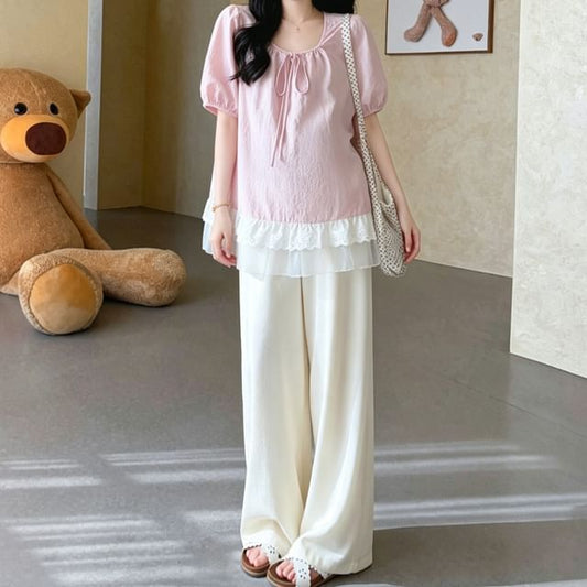 Maternity Puff-Sleeve Scoop Neck Plain Lace Trim Blouse / High Waist Wide Leg Pants