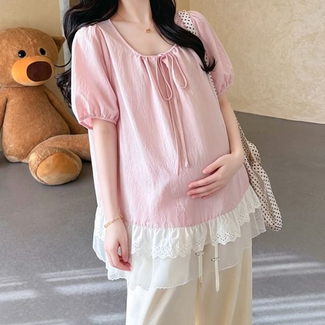 Maternity Puff-Sleeve Scoop Neck Plain Lace Trim Blouse / High Waist Wide Leg Pants