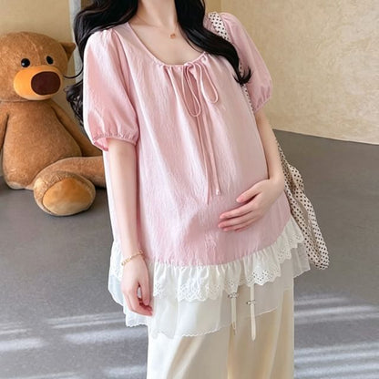 Maternity Puff-Sleeve Scoop Neck Plain Lace Trim Blouse / High Waist Wide Leg Pants