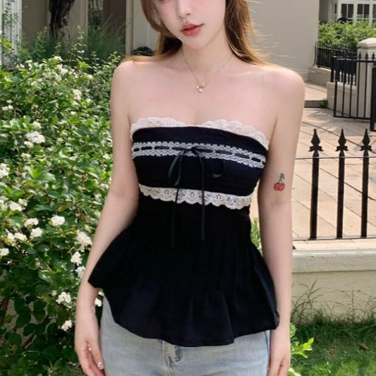 Lace Trim Pintuck Padded Crop Tube Top