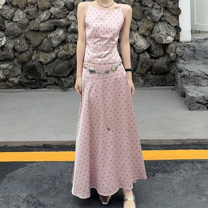 Sleeveless Dotted Top / Low Waist Maxi A-Line Skirt