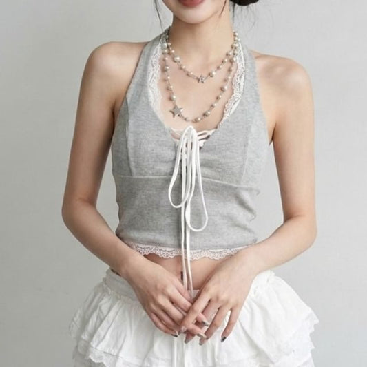 Scoop Neck Plain Lace Trim Cropped Halter Top
