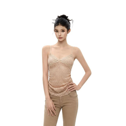 Ruched Lace Crop Camisole Top V-Neck Slim