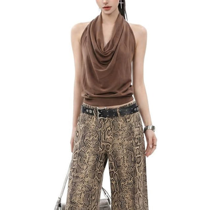 Open Back Crop Top with Halter Cowl Neck