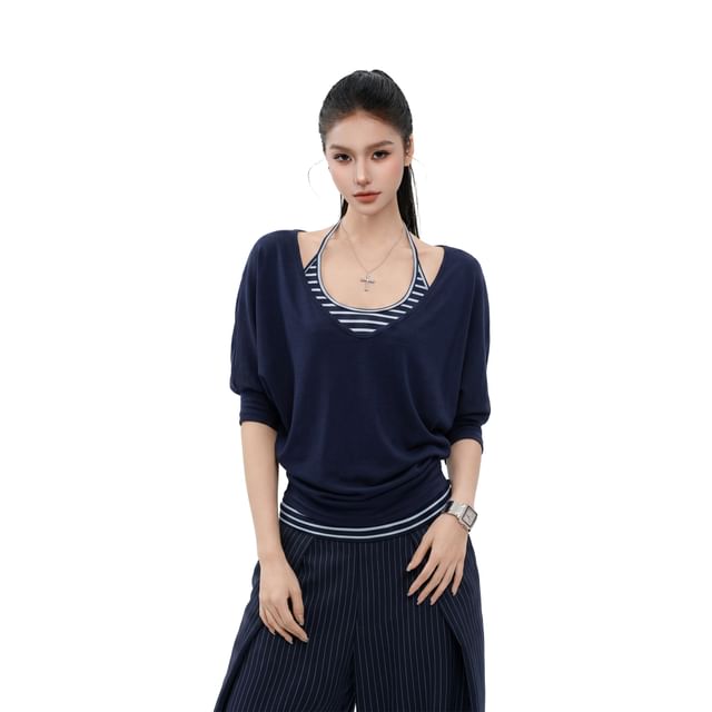 Halter Neck Striped Top Set with T-Shirt