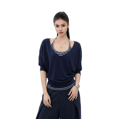 Halter Neck Striped Top Set with T-Shirt
