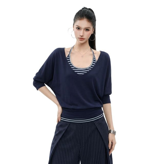 Halter Neck Striped Top Set with T-Shirt