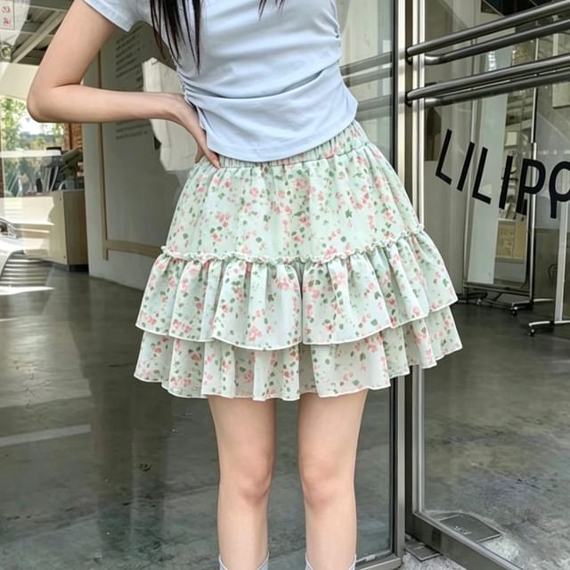 Mid Rise Floral Ruffle Mini A-Line Skirt