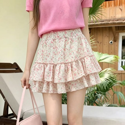 Mid Rise Floral Ruffle Mini A-Line Skirt