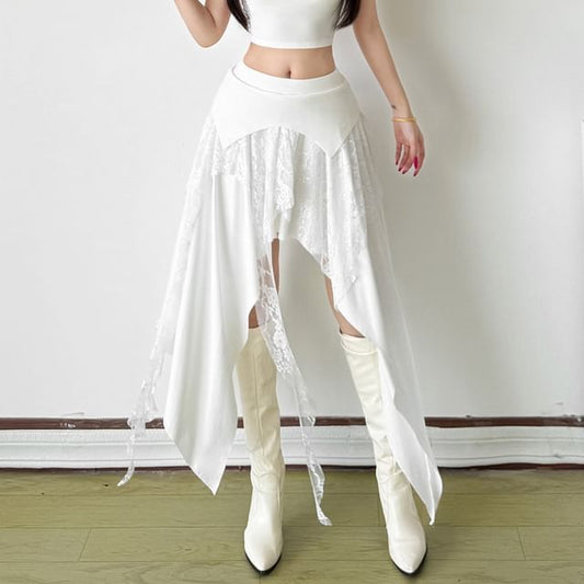 Mid Rise Asymmetrical Lace Panel A-Line Skirt