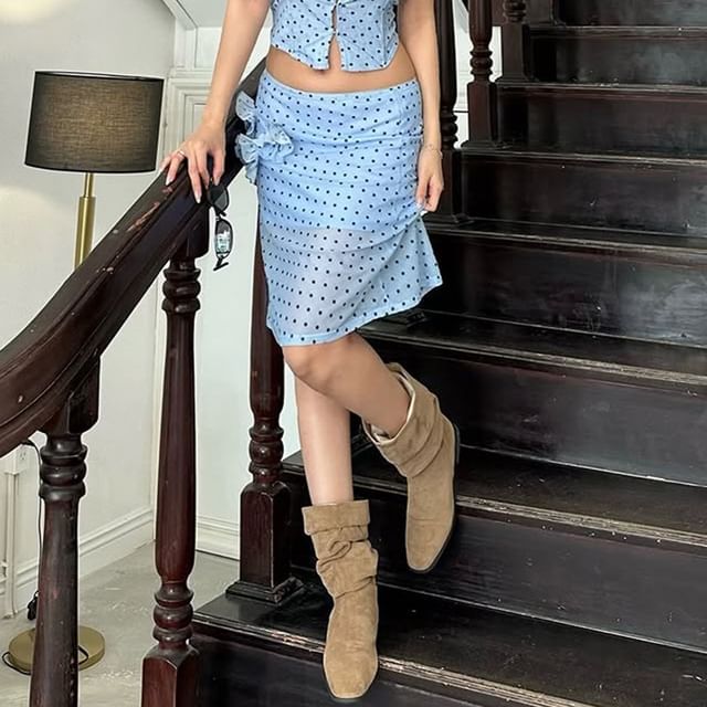 Short-Sleeve Crew Neck Polka Dot Cutout Sheer Crop Top / Low Rise A-Line Skirt