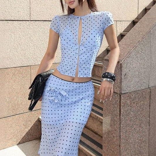 Short-Sleeve Crew Neck Polka Dot Cutout Sheer Crop Top / Low Rise A-Line Skirt