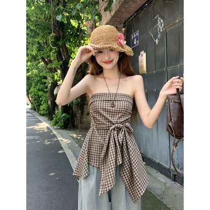 Plaid Tube Top with Asymmetrical Tie Waist