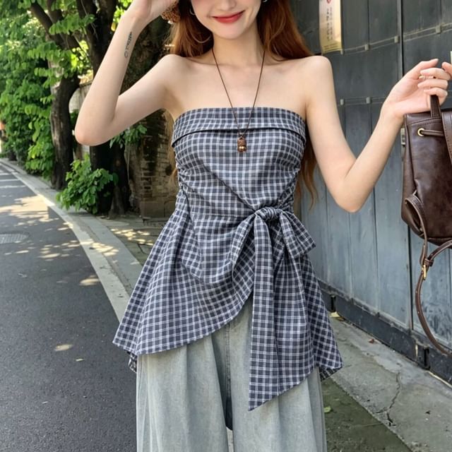 Plaid Tube Top with Asymmetrical Tie Waist