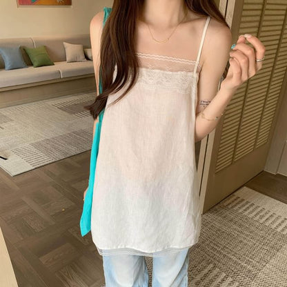 Lace Panel Slit Tunic Spaghetti Strap