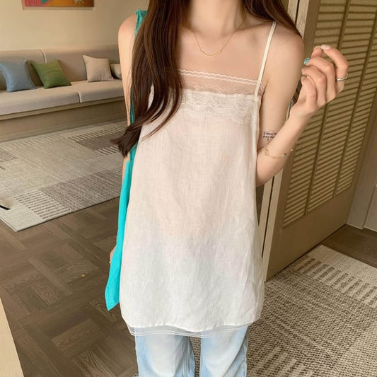 Lace Panel Slit Tunic Spaghetti Strap