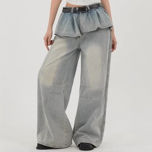 Mid Rise Washed Skirt Overlay Baggy Jeans