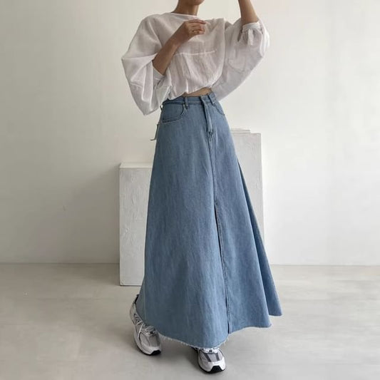Mid Rise Washed Denim Maxi A-Line Skirt