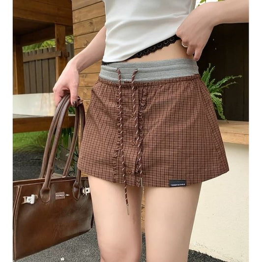 High Waist Color-Block Ruffled Mini A-Line Skirt