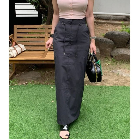 High Waist Plain Cargo Maxi Pencil Skirt