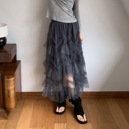 Mid Rise Plain Ruffle Maxi Tiered Skirt