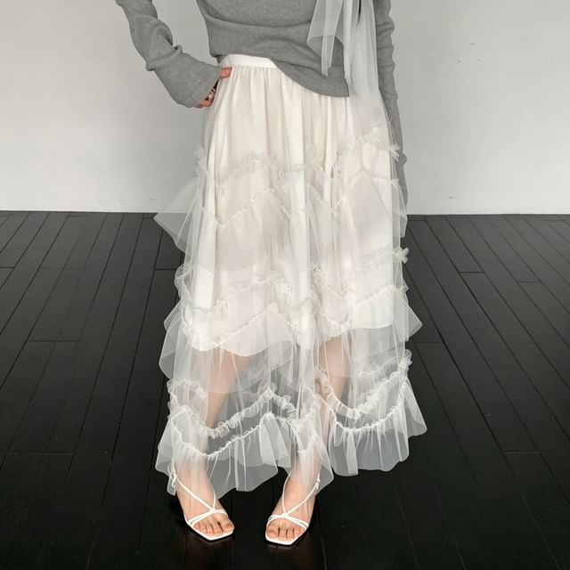 Mid Rise Plain Ruffle Maxi Tiered Skirt