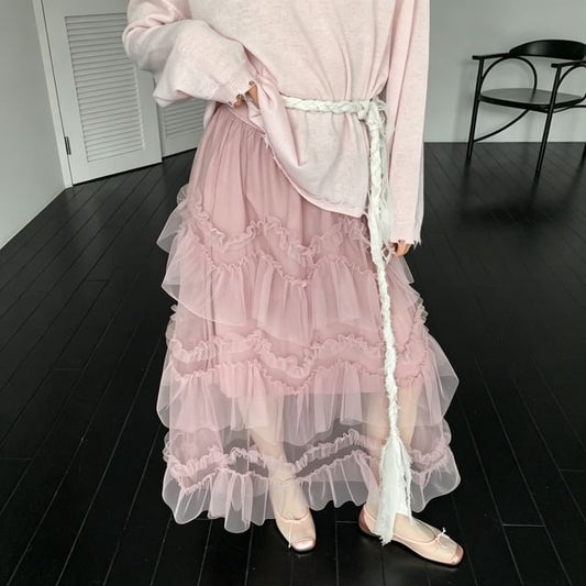 Mid Rise Plain Ruffle Maxi Tiered Skirt