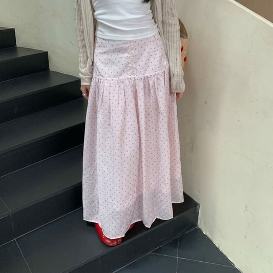 Mid Rise Dotted Maxi A-Line Skirt