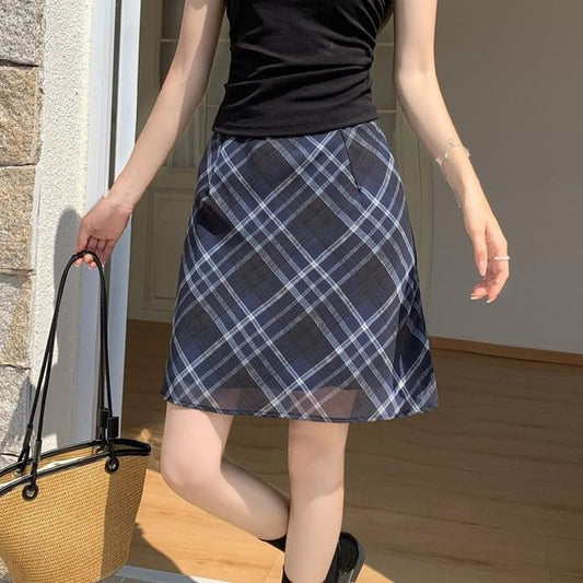 Mid Waist Plaid Sheer A-Line Skirt