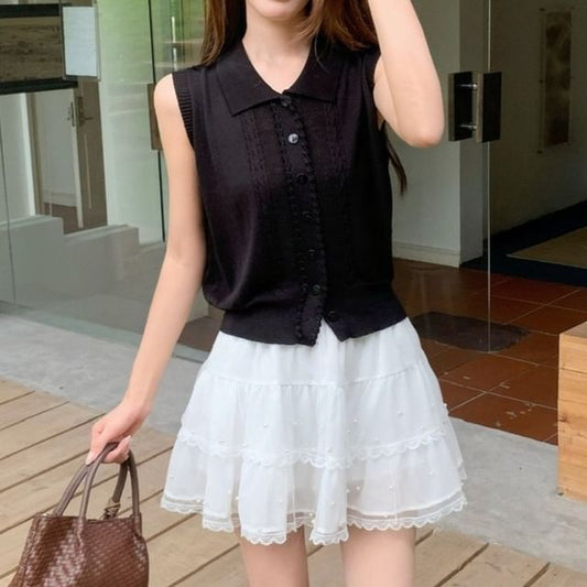 Sleeveless Collared Knit Top / Mini A-Line Skirt