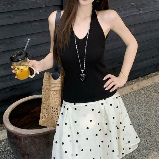 Halter Neck Plain Knit Top / Dotted Asymmetrical A-Line Skirt