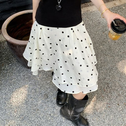 Halter Neck Plain Knit Top / Dotted Asymmetrical A-Line Skirt