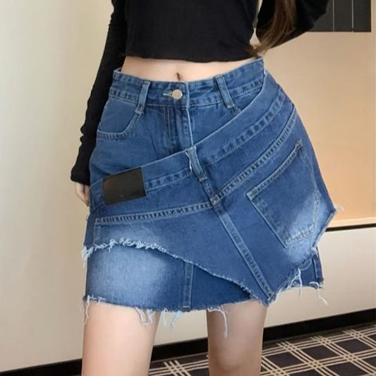 Mid Waist Denim Mini Overlay Skirt