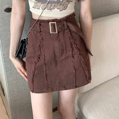 Belt Waist Denim Mini Skirt
