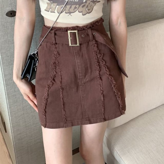 Belt Waist Denim Mini Skirt